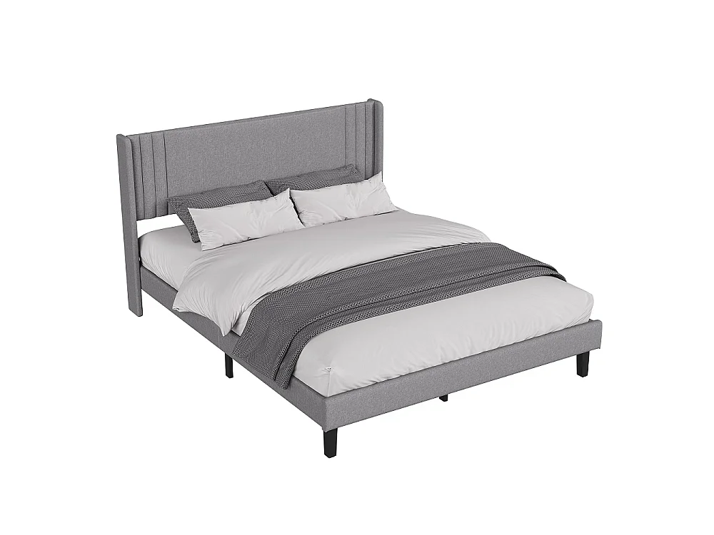 Lit rembourré 160x200 cm - Lit à plateforme basse avec tête à aile à canal vertical et support à lames en bois - Linge de maison - Gris