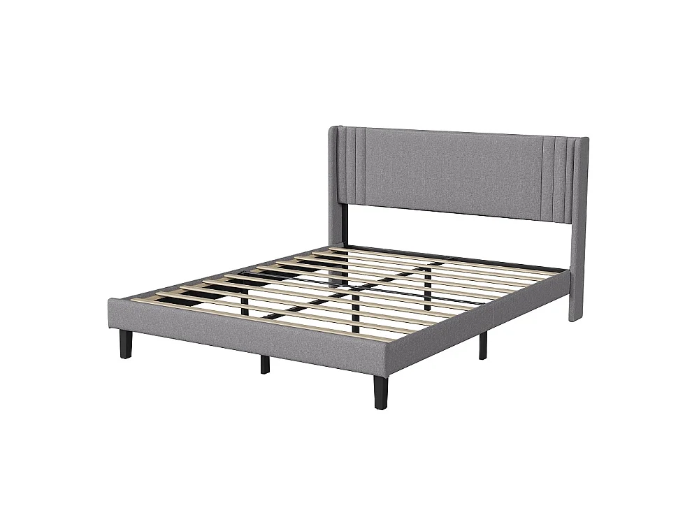 Lit rembourré 160x200 cm - Lit à plateforme basse avec tête à aile à canal vertical et support à lames en bois - Linge de maison - Gris