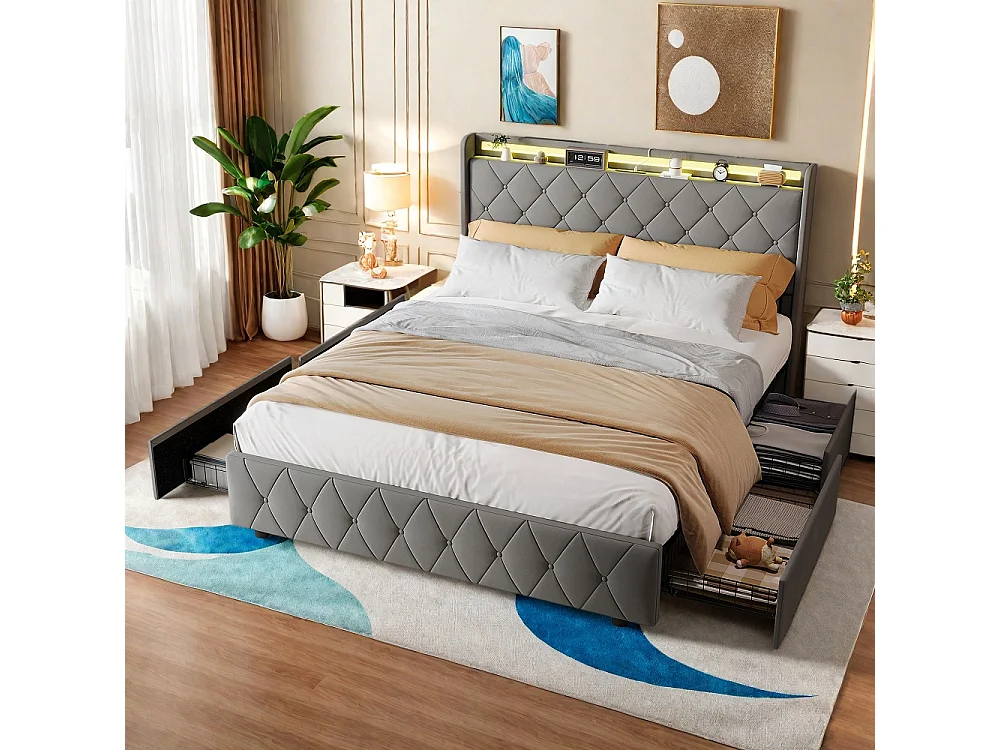 Lit rembourré 160x200 cm - Lit Tufted Diamond avec LED & USB - Lit de rangement avec 4 tiroirs de rangement roulants et lame en bois - Velvet - gris
