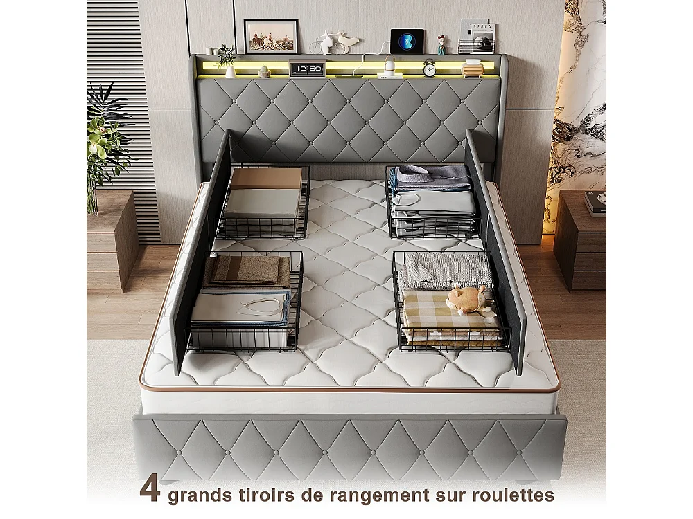 Lit rembourré 160x200 cm - Lit Tufted Diamond avec LED & USB - Lit de rangement avec 4 tiroirs de rangement roulants et lame en bois - Velvet - gris