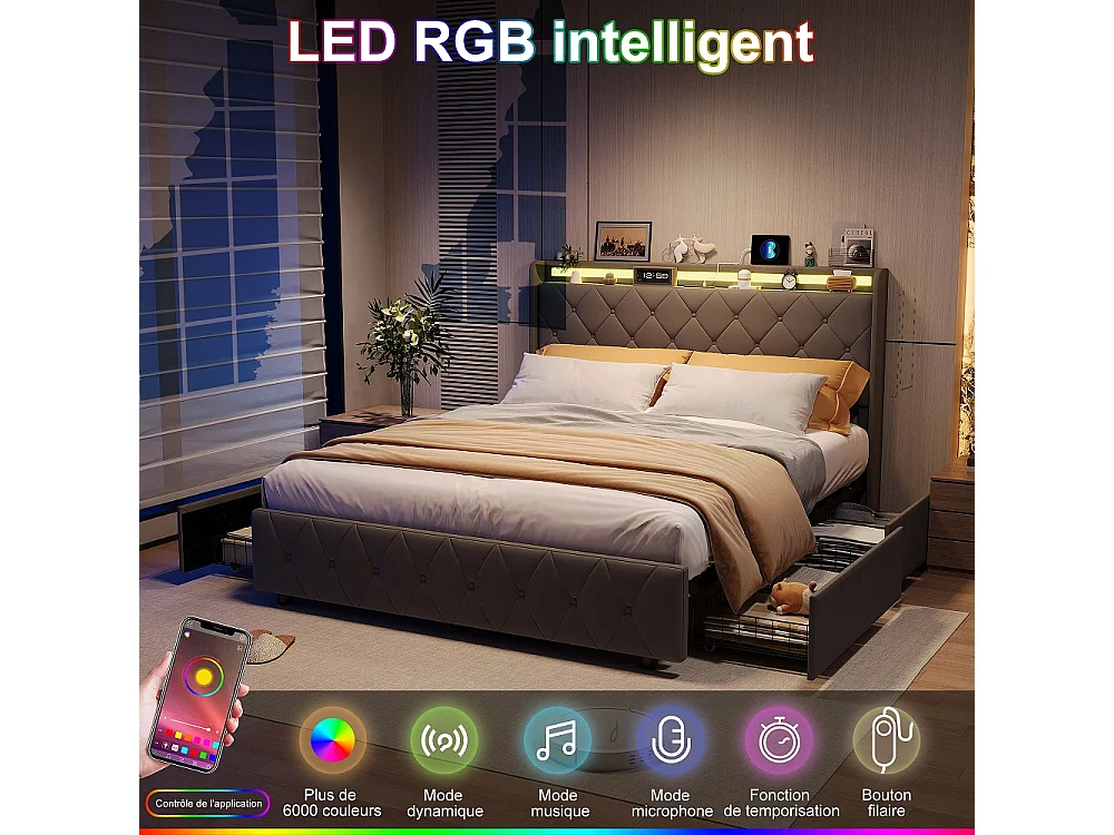 Lit rembourré 160x200 cm - Lit Tufted Diamond avec LED & USB - Lit de rangement avec 4 tiroirs de rangement roulants et lame en bois - Velvet - gris