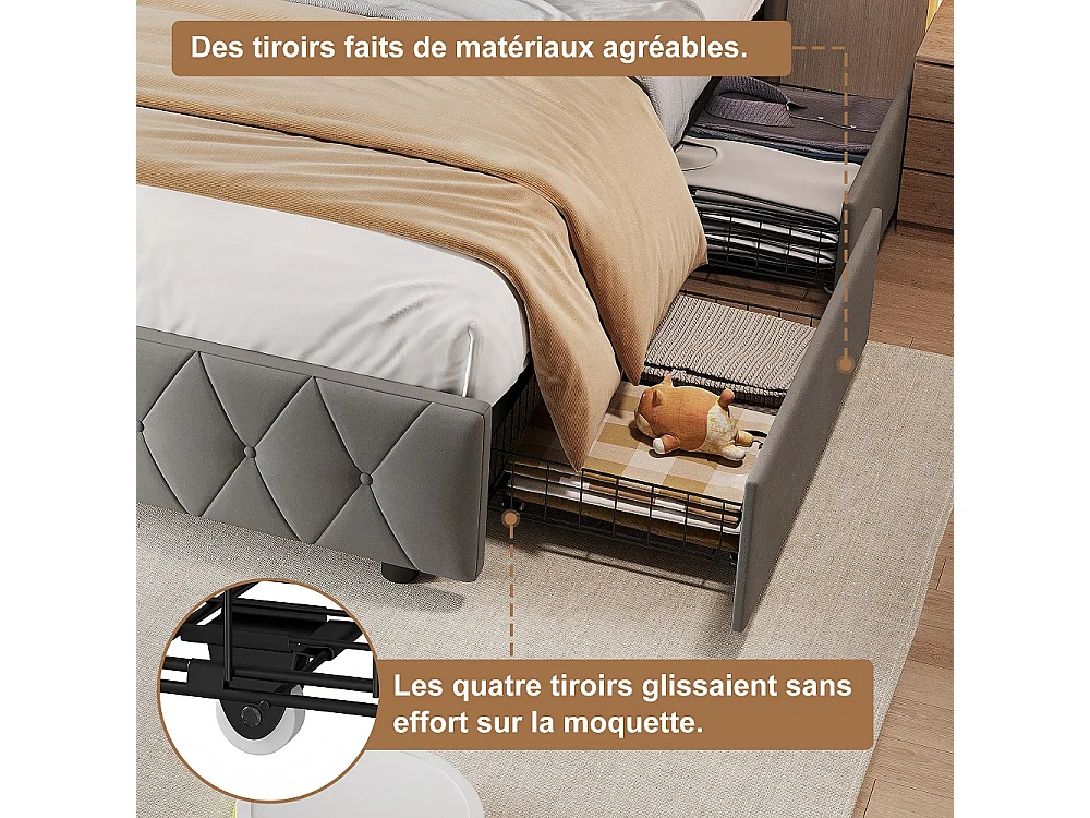 Lit rembourré 160x200 cm - Lit Tufted Diamond avec LED & USB - Lit de rangement avec 4 tiroirs de rangement roulants et lame en bois - Velvet - gris
