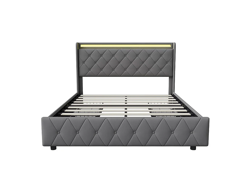 Lit rembourré 160x200 cm - Lit Tufted Diamond avec LED & USB - Lit de rangement avec 4 tiroirs de rangement roulants et lame en bois - Velvet - gris