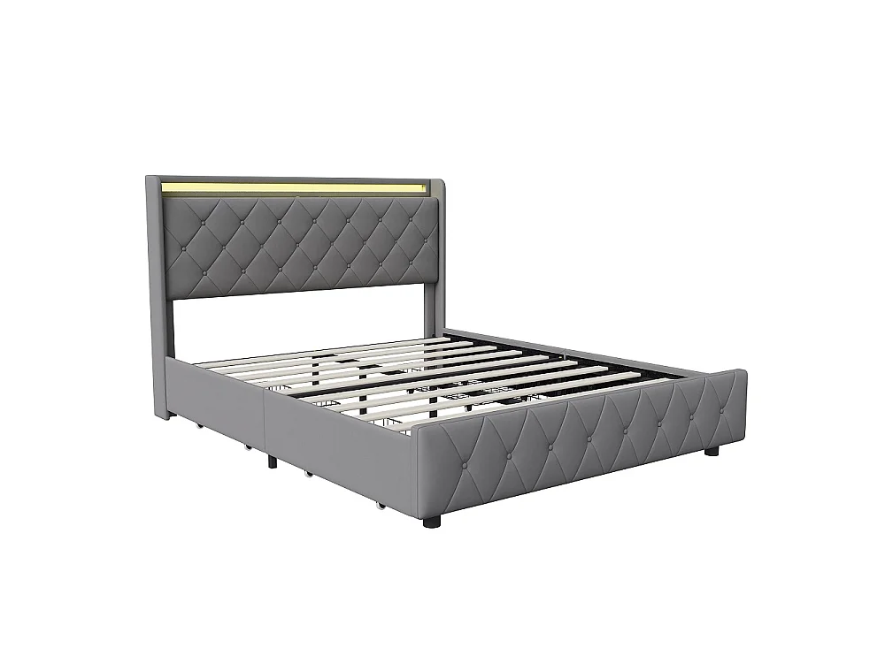 Lit rembourré 160x200 cm - Lit Tufted Diamond avec LED & USB - Lit de rangement avec 4 tiroirs de rangement roulants et lame en bois - Velvet - gris