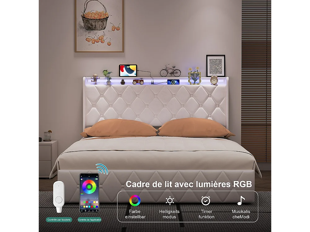 Lit rembourré 160 x 200 cm - Lit de rangement hydraulique avec LED et USB - Lit double avec espace de rangement et cadre à lames -Velvet - Beige
