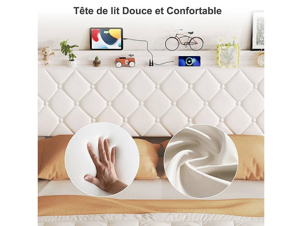 Lit rembourré 160 x 200 cm - Lit de rangement hydraulique avec LED et USB - Lit double avec espace de rangement et cadre à lames -Velvet - Beige