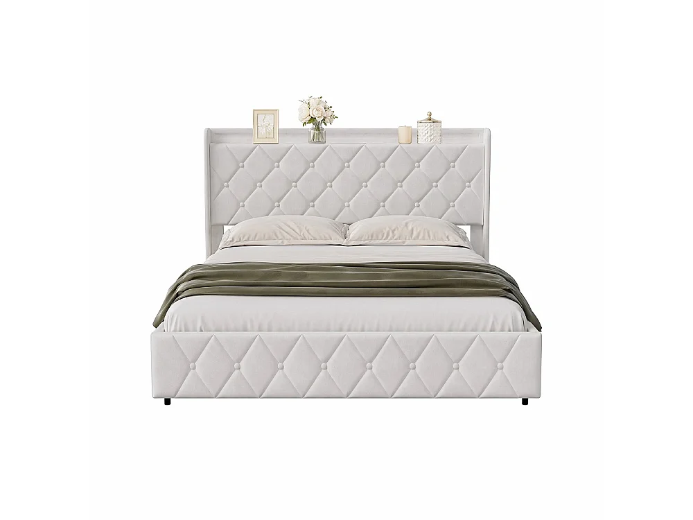 Lit rembourré 160 x 200 cm - Lit de rangement hydraulique avec LED et USB - Lit double avec espace de rangement et cadre à lames -Velvet - Beige