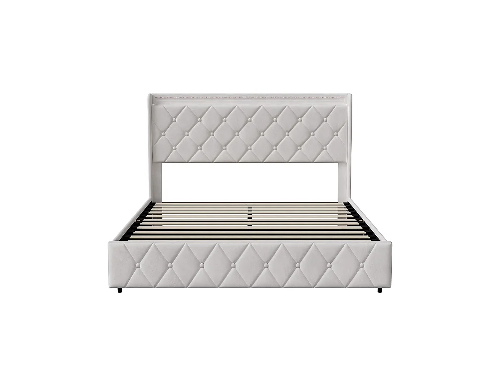 Lit rembourré 160 x 200 cm - Lit de rangement hydraulique avec LED et USB - Lit double avec espace de rangement et cadre à lames -Velvet - Beige