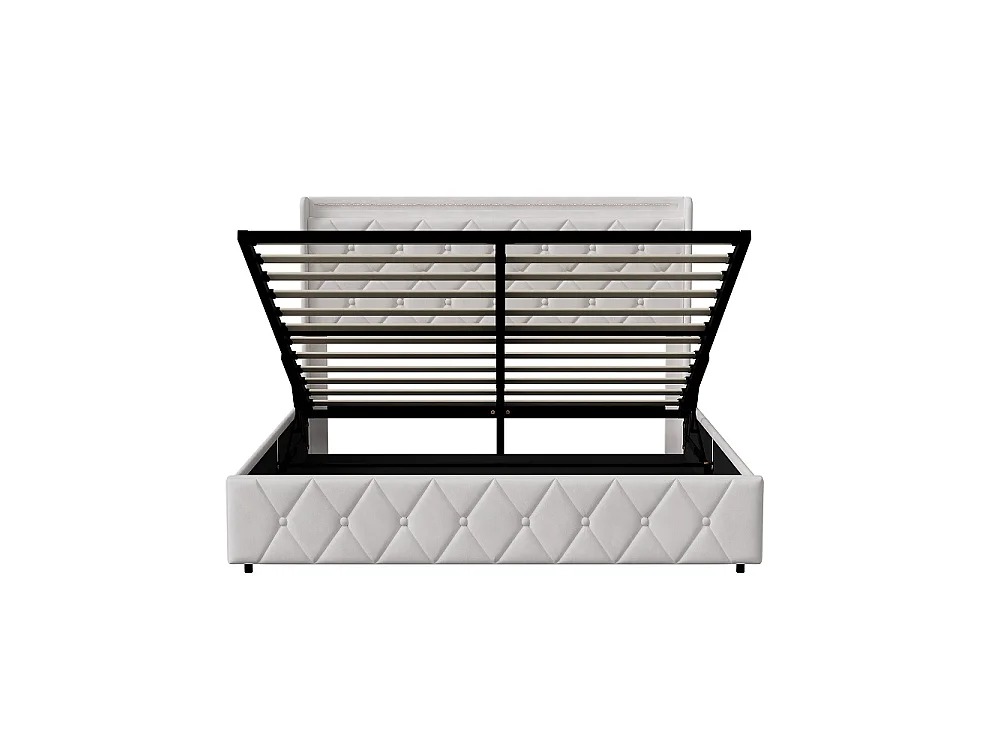 Lit rembourré 160 x 200 cm - Lit de rangement hydraulique avec LED et USB - Lit double avec espace de rangement et cadre à lames -Velvet - Beige