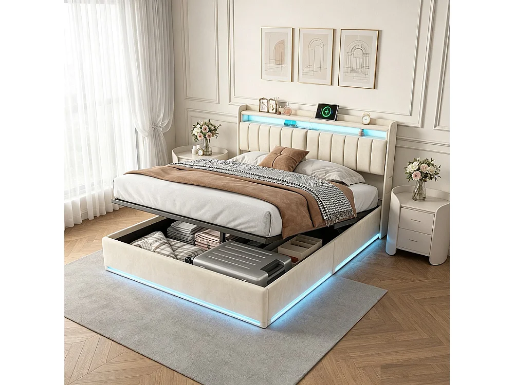 Lit de rangement 140 x 190 cm - Lit double avec LED et USB - Lit hydraulique avec rangement et tête rembourrée - deux poches de rangement latérales - Velvet - Beige