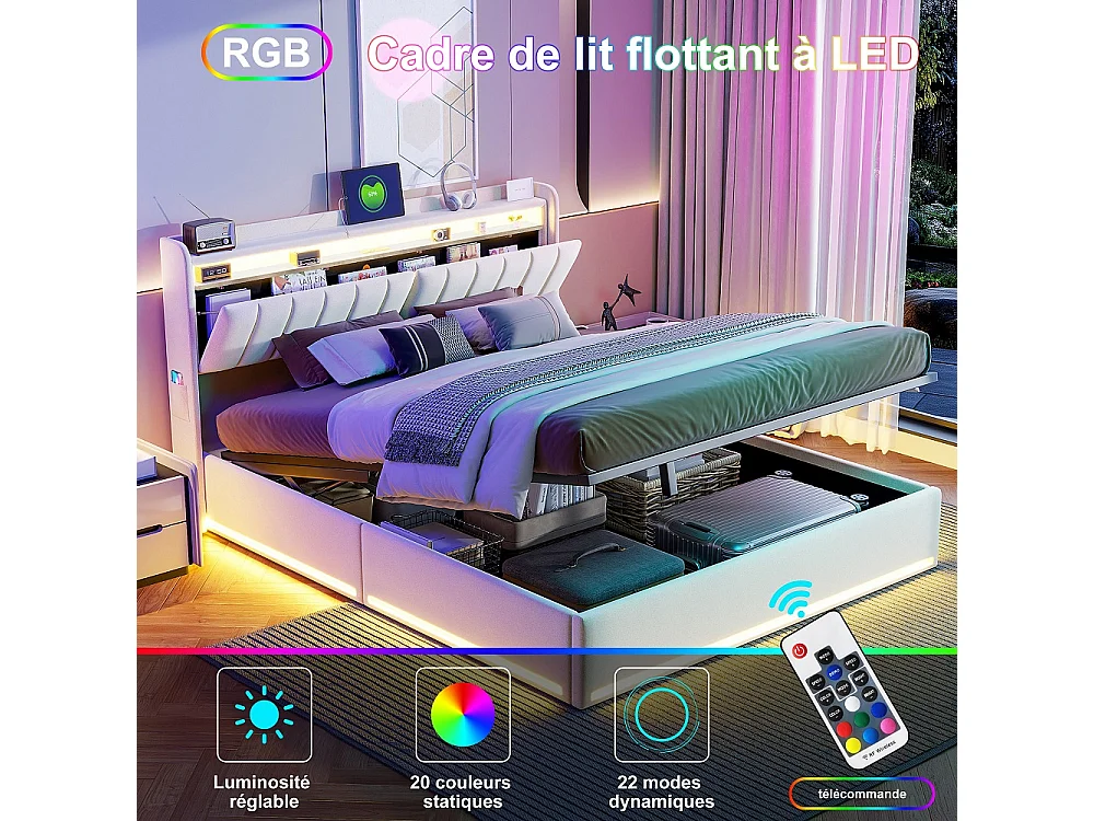 Lit de rangement 140 x 190 cm - Lit double avec LED et USB - Lit hydraulique avec rangement et tête rembourrée - deux poches de rangement latérales - Velvet - Beige