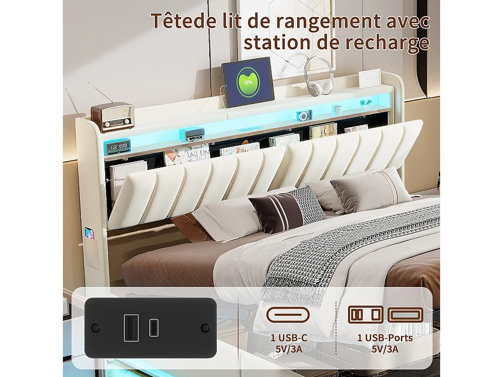 Lit de rangement 140 x 190 cm - Lit double avec LED et USB - Lit hydraulique avec rangement et tête rembourrée - deux poches de rangement latérales - Velvet - Beige