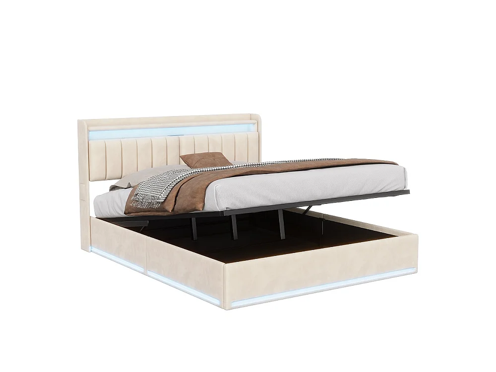 Lit de rangement 140 x 190 cm - Lit double avec LED et USB - Lit hydraulique avec rangement et tête rembourrée - deux poches de rangement latérales - Velvet - Beige