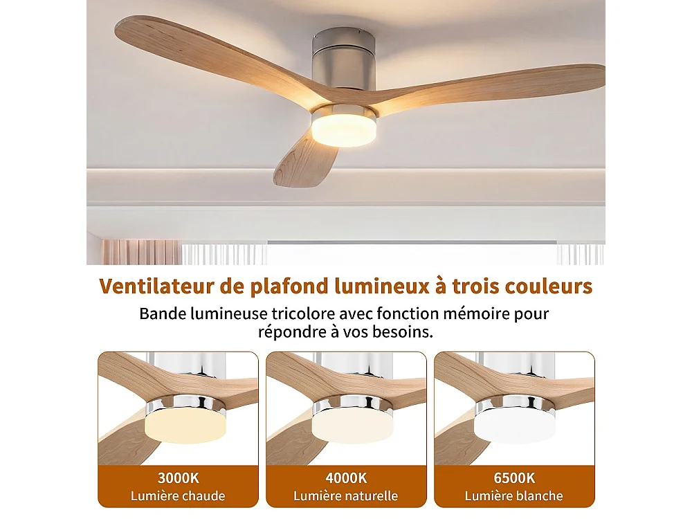 Ventilateur de plafond de montage rinçage avec lumière LED 52 pouces -  3 lames en bois massif moteur DC ventilateur de plafond de profil bas, 6 vitesses réversible