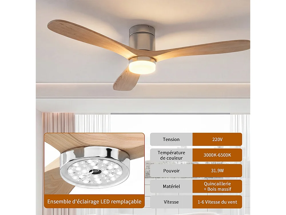 Ventilateur de plafond de montage rinçage avec lumière LED 52 pouces -  3 lames en bois massif moteur DC ventilateur de plafond de profil bas, 6 vitesses réversible