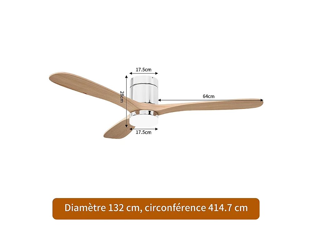 Ventilateur de plafond de montage rinçage avec lumière LED 52 pouces -  3 lames en bois massif moteur DC ventilateur de plafond de profil bas, 6 vitesses réversible
