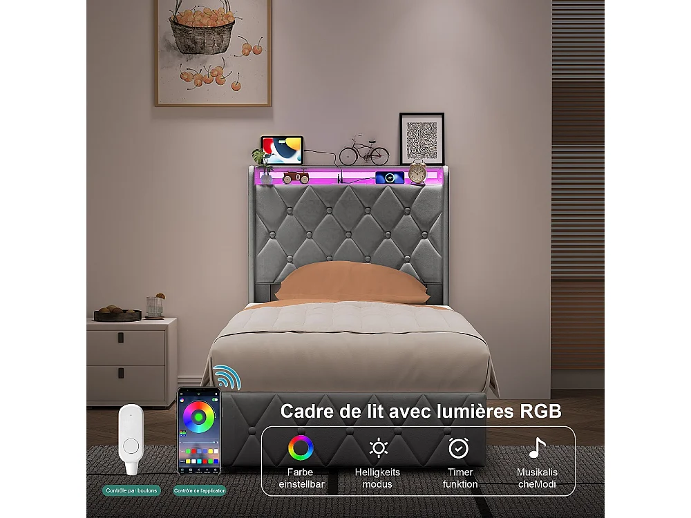Lit rembourré 90 x 200 cm - Lit de rangement hydraulique avec LED et USB - Lit double avec espace de rangement et cadre à lames -Velvet - Gris