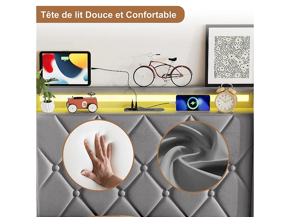 Lit rembourré 90 x 200 cm - Lit de rangement hydraulique avec LED et USB - Lit double avec espace de rangement et cadre à lames -Velvet - Gris