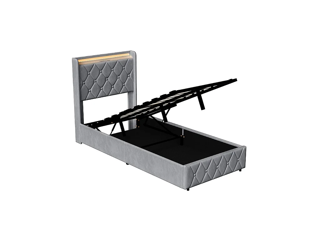 Lit rembourré 90 x 200 cm - Lit de rangement hydraulique avec LED et USB - Lit double avec espace de rangement et cadre à lames -Velvet - Gris