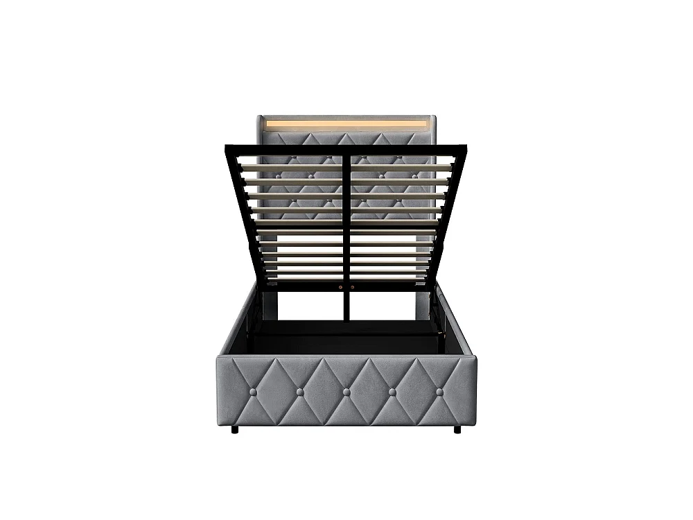 Lit rembourré 90 x 200 cm - Lit de rangement hydraulique avec LED et USB - Lit double avec espace de rangement et cadre à lames -Velvet - Gris
