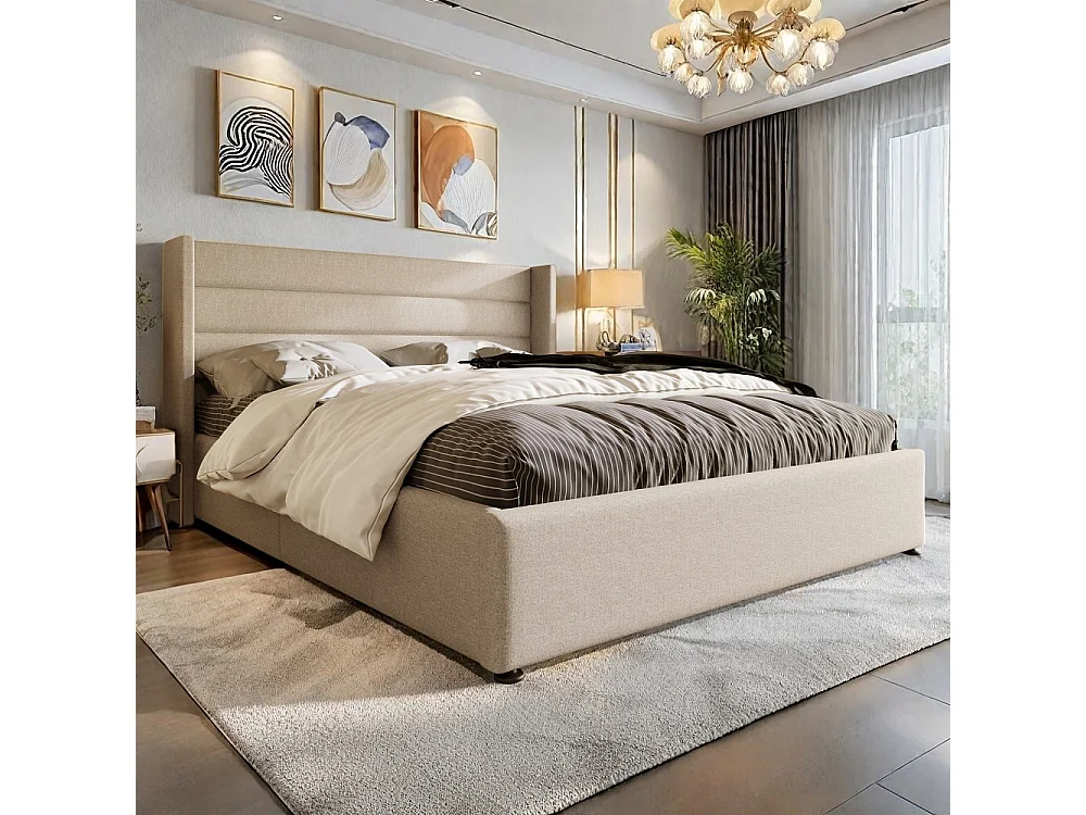 Lit rembourré 160x200 cm - Cadre de lit plateforme rembourré avec espace de rangement - Lit double hydraulique - Linge de maison - Beige