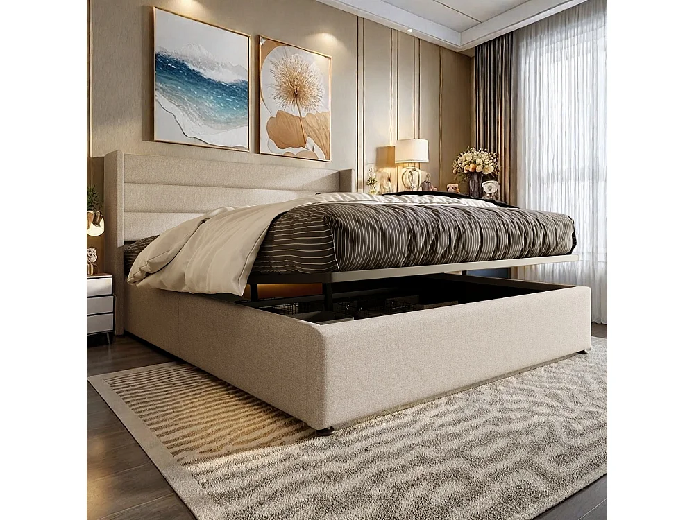 Lit rembourré 160x200 cm - Cadre de lit plateforme rembourré avec espace de rangement - Lit double hydraulique - Linge de maison - Beige