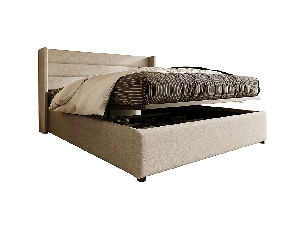 Lit rembourré 160x200 cm - Cadre de lit plateforme rembourré avec espace de rangement - Lit double hydraulique - Linge de maison - Beige