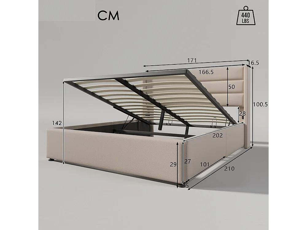 Lit rembourré 160x200 cm - Cadre de lit plateforme rembourré avec espace de rangement - Lit double hydraulique - Linge de maison - Beige