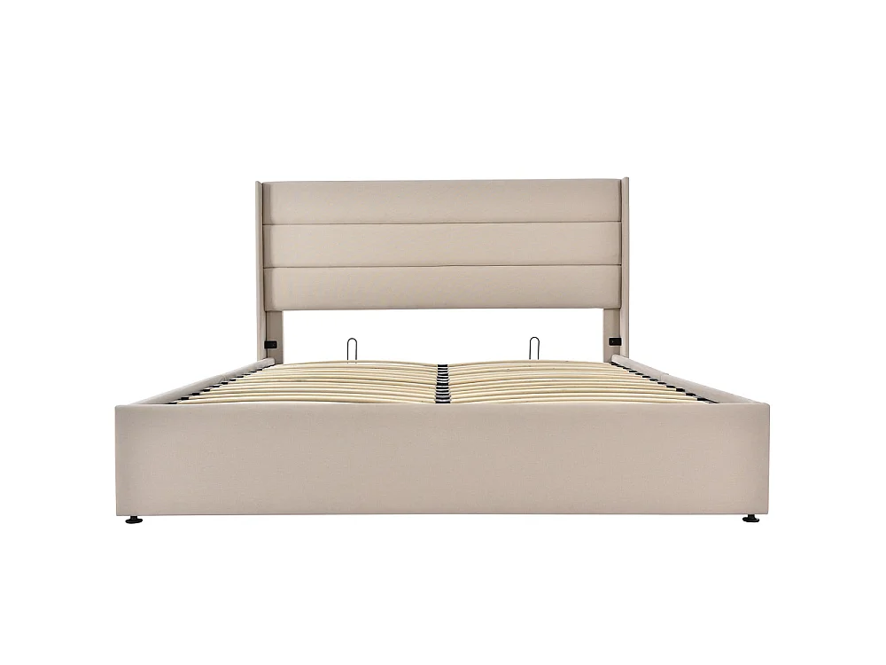 Lit rembourré 160x200 cm - Cadre de lit plateforme rembourré avec espace de rangement - Lit double hydraulique - Linge de maison - Beige