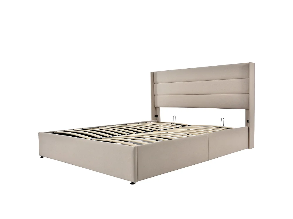 Lit rembourré 160x200 cm - Cadre de lit plateforme rembourré avec espace de rangement - Lit double hydraulique - Linge de maison - Beige