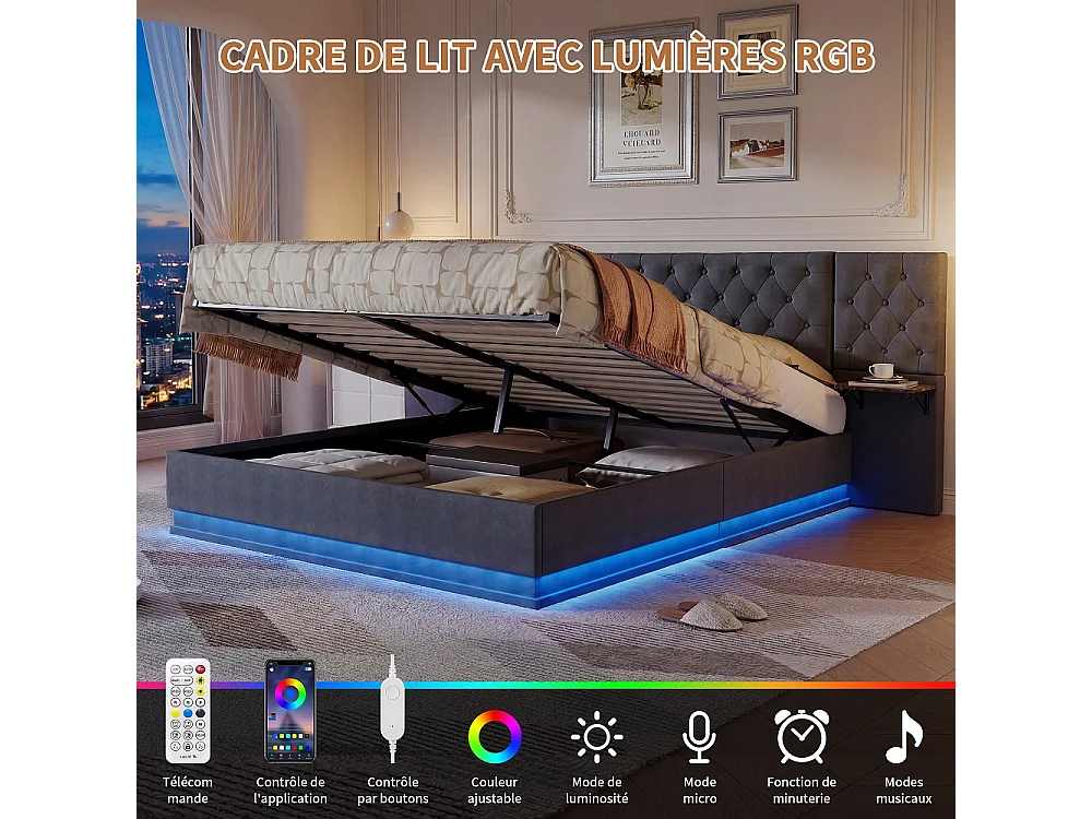 Lit rembourré 140×200 cm - Lit de rangement hydraulique avec 2 étagères latérales Large partie de tête - Lit double avec LED & USB - linge - gris