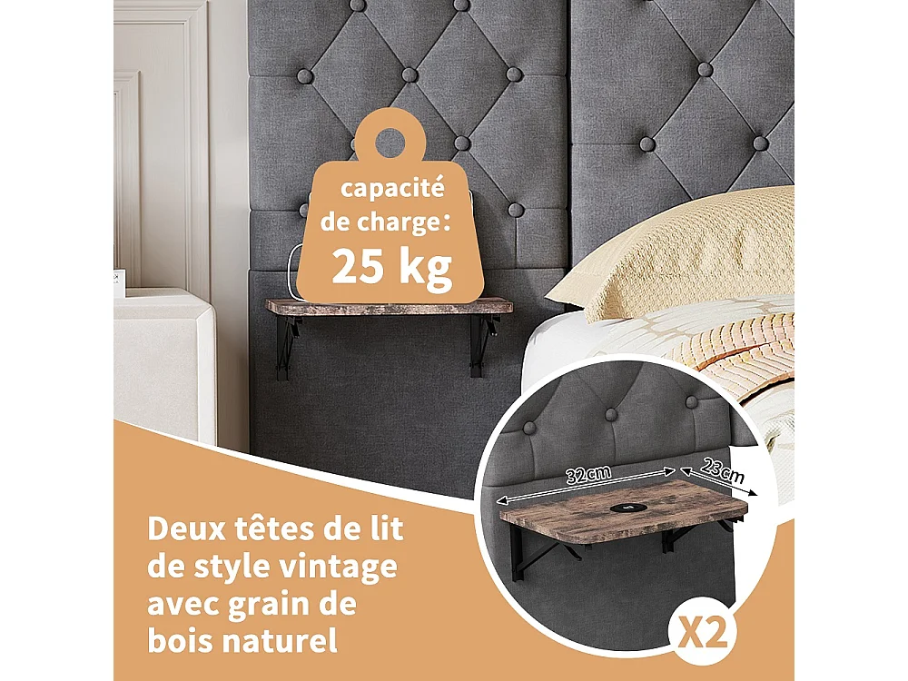 Lit rembourré 140×200 cm - Lit de rangement hydraulique avec 2 étagères latérales Large partie de tête - Lit double avec LED & USB - linge - gris