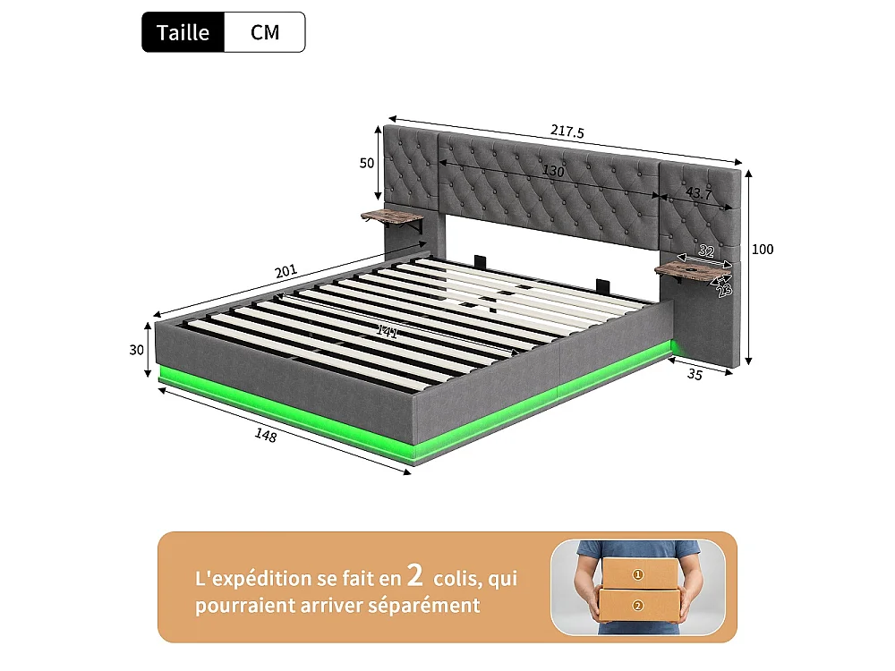 Lit rembourré 140×200 cm - Lit de rangement hydraulique avec 2 étagères latérales Large partie de tête - Lit double avec LED & USB - linge - gris
