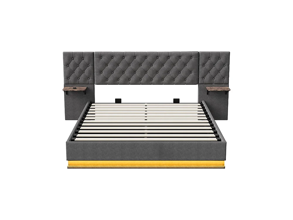Lit rembourré 140×200 cm - Lit de rangement hydraulique avec 2 étagères latérales Large partie de tête - Lit double avec LED & USB - linge - gris