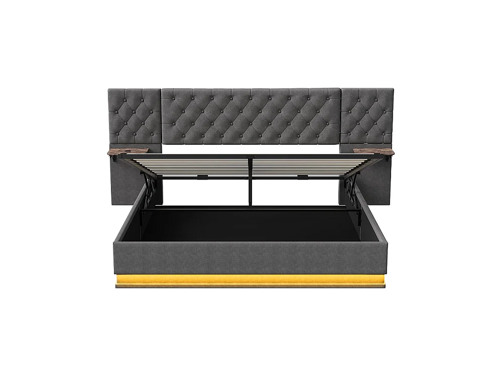 Lit rembourré 140×200 cm - Lit de rangement hydraulique avec 2 étagères latérales Large partie de tête - Lit double avec LED & USB - linge - gris