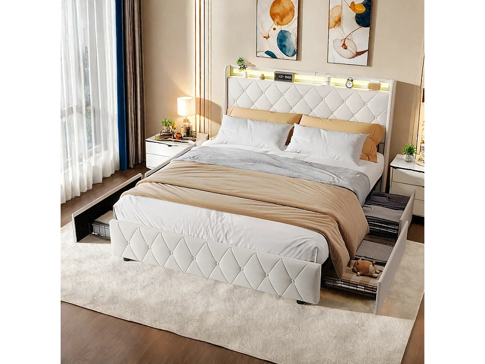 Lit rembourré 140x200 cm - Lit Tufted Diamond avec LED & USB - Lit de rangement avec 4 tiroirs de rangement roulants et lame en bois - Velvet - beige
