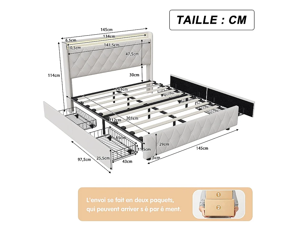 Lit rembourré 140x200 cm - Lit Tufted Diamond avec LED & USB - Lit de rangement avec 4 tiroirs de rangement roulants et lame en bois - Velvet - beige