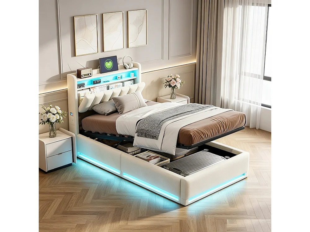 Lit de rangement 90 x 200 cm - Lit double avec LED et USB - Lit hydraulique avec rangement et tête rembourrée - deux poches de rangement latérales - Velvet - Beige