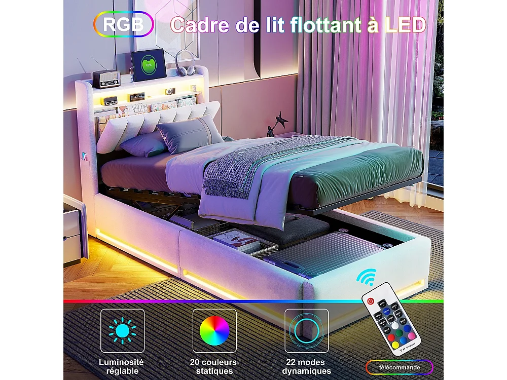 Lit de rangement 90 x 200 cm - Lit double avec LED et USB - Lit hydraulique avec rangement et tête rembourrée - deux poches de rangement latérales - Velvet - Beige