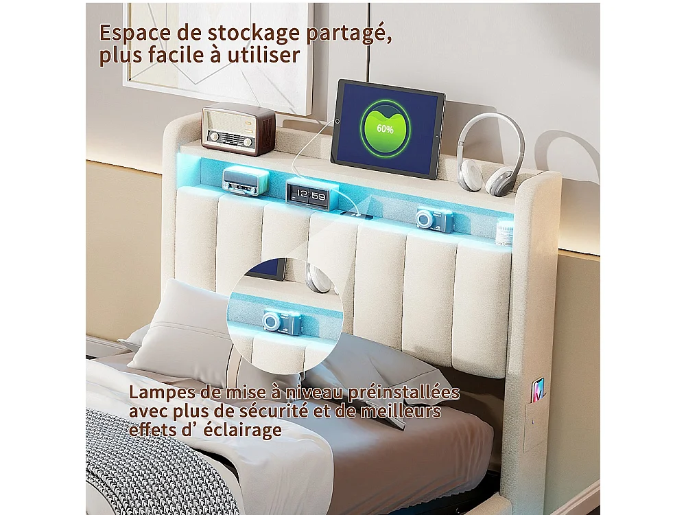 Lit de rangement 90 x 200 cm - Lit double avec LED et USB - Lit hydraulique avec rangement et tête rembourrée - deux poches de rangement latérales - Velvet - Beige