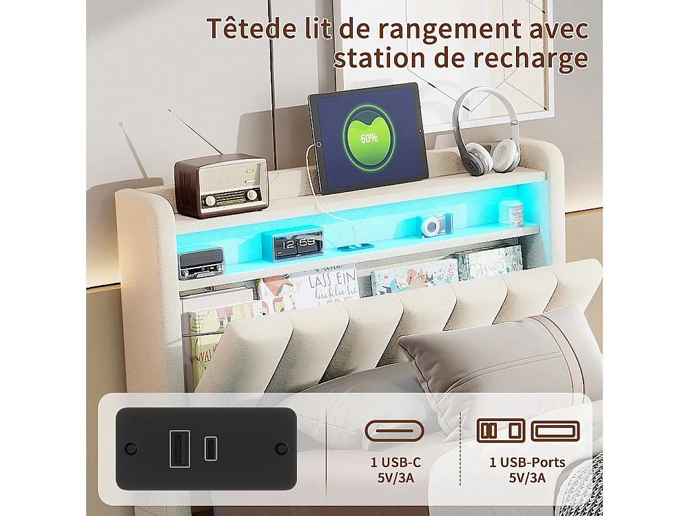Lit de rangement 90 x 200 cm - Lit double avec LED et USB - Lit hydraulique avec rangement et tête rembourrée - deux poches de rangement latérales - Velvet - Beige