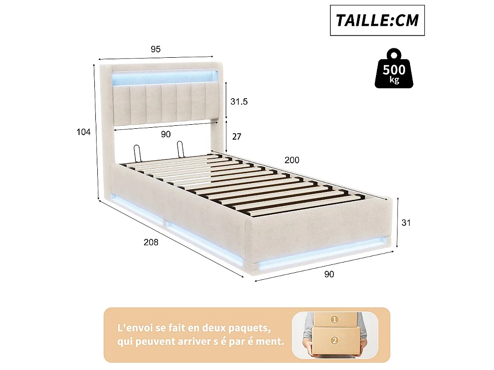 Lit de rangement 90 x 200 cm - Lit double avec LED et USB - Lit hydraulique avec rangement et tête rembourrée - deux poches de rangement latérales - Velvet - Beige
