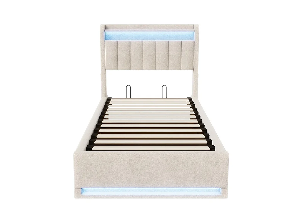Lit de rangement 90 x 200 cm - Lit double avec LED et USB - Lit hydraulique avec rangement et tête rembourrée - deux poches de rangement latérales - Velvet - Beige