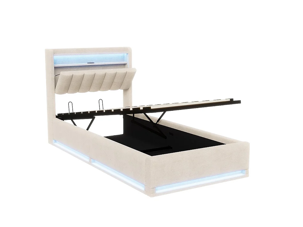 Lit de rangement 90 x 200 cm - Lit double avec LED et USB - Lit hydraulique avec rangement et tête rembourrée - deux poches de rangement latérales - Velvet - Beige