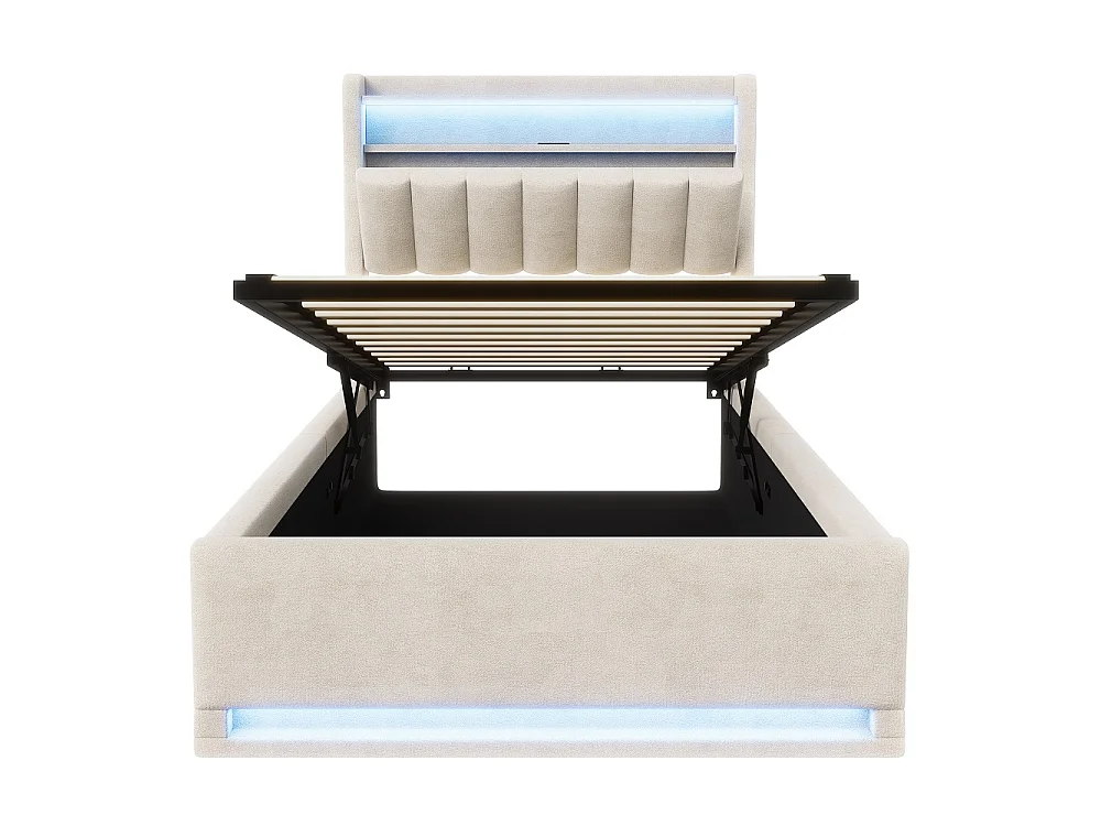 Lit de rangement 90 x 200 cm - Lit double avec LED et USB - Lit hydraulique avec rangement et tête rembourrée - deux poches de rangement latérales - Velvet - Beige