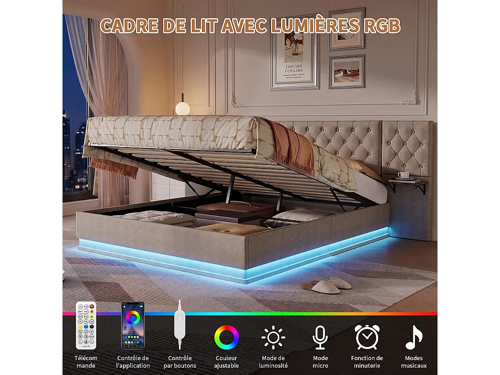 Lit rembourré 140×200 cm - Lit de rangement hydraulique avec 2 étagères latérales Large partie de tête - Lit double avec LED & USB - linge - beige