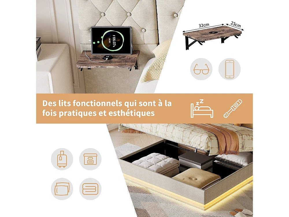 Lit rembourré 140×200 cm - Lit de rangement hydraulique avec 2 étagères latérales Large partie de tête - Lit double avec LED & USB - linge - beige