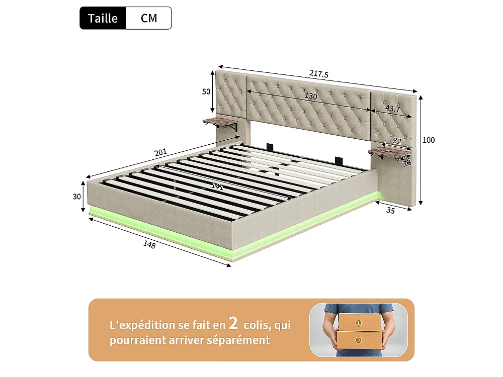Lit rembourré 140×200 cm - Lit de rangement hydraulique avec 2 étagères latérales Large partie de tête - Lit double avec LED & USB - linge - beige