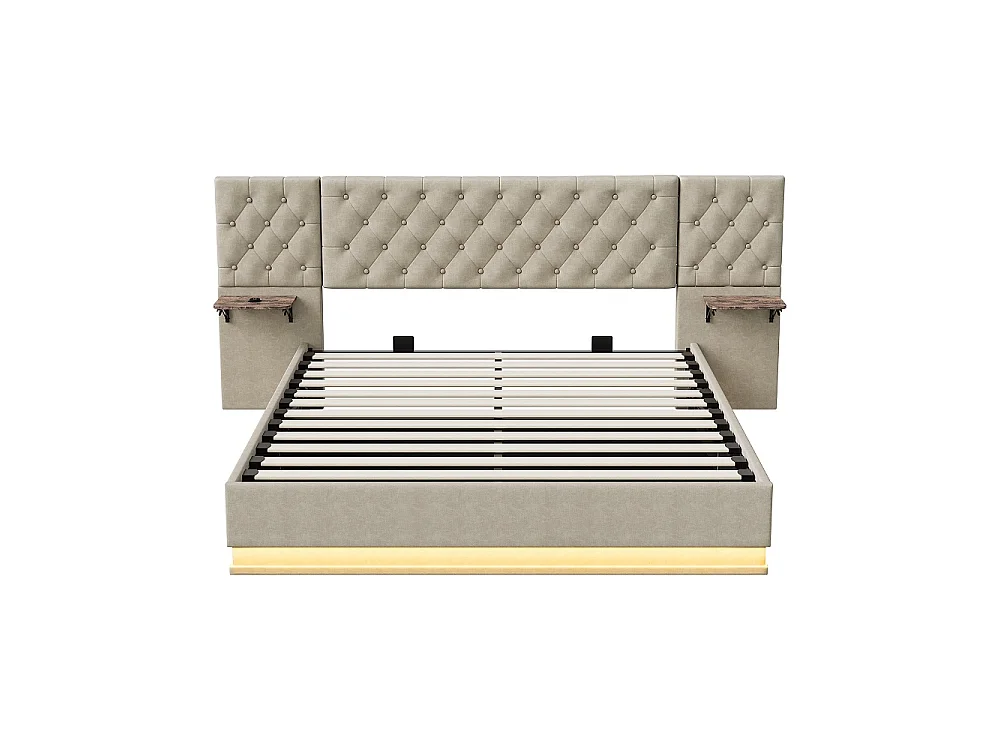 Lit rembourré 140×200 cm - Lit de rangement hydraulique avec 2 étagères latérales Large partie de tête - Lit double avec LED & USB - linge - beige
