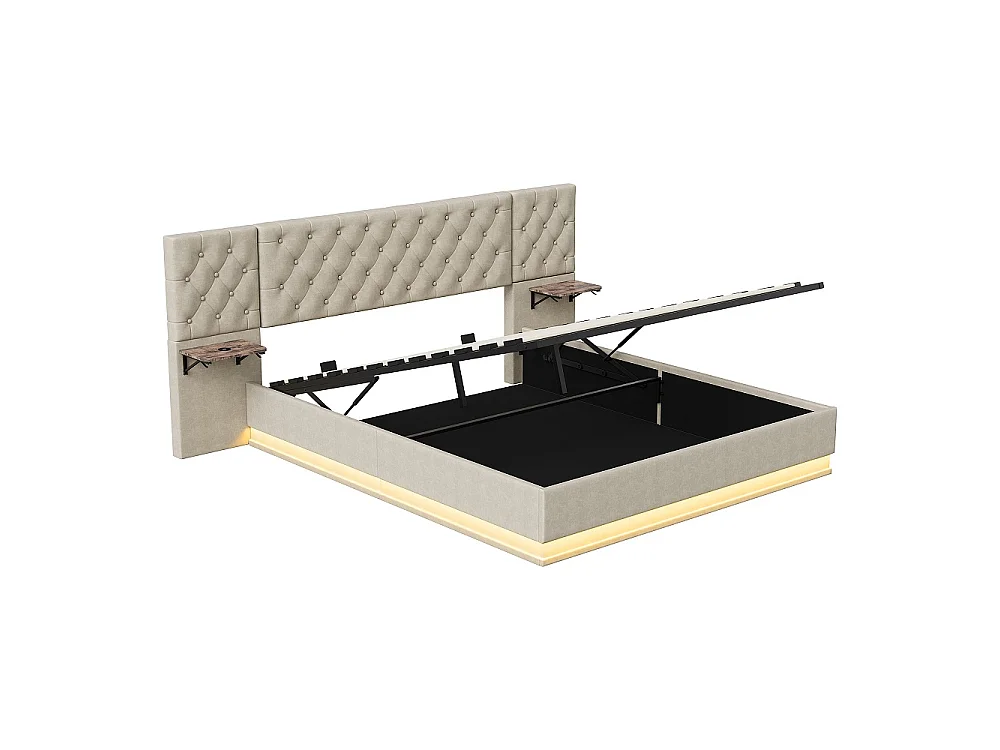 Lit rembourré 140×200 cm - Lit de rangement hydraulique avec 2 étagères latérales Large partie de tête - Lit double avec LED & USB - linge - beige